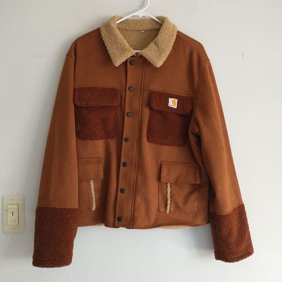 Vtg Carhartt Sherpa Jacket Womens L Brown Faux Suede Lined Pocket Chore Snap Zip - Picture 1 of 7